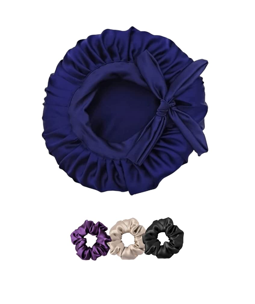 Atrube's Silk Satin Hair Bonnet Reversible with adjustable tie for women with Scrunchies(Blue)