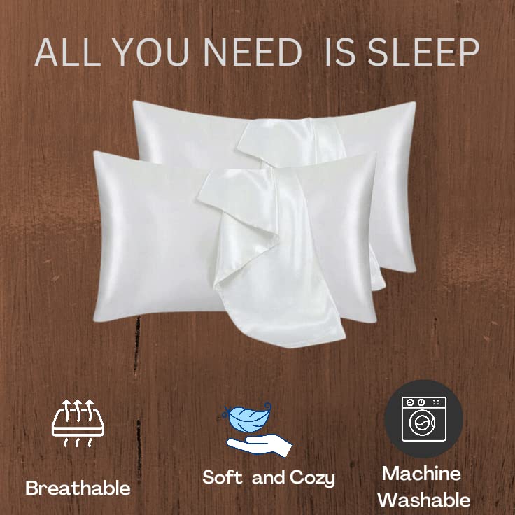 Atrube's Satin Pillow Covers for Hair and Skin| Satin Pillowcase 2 Pack with 3 Scrunchies Envelope Closure (Ivory)