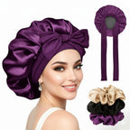 Silk Bonnet for Hair with 3 Scrunchies| Adjustable Satin Hair Cap for Sleeping | Bonnet for Curly Hair with Wide Tie Band| Multiple use| Shower Cap| (purple)