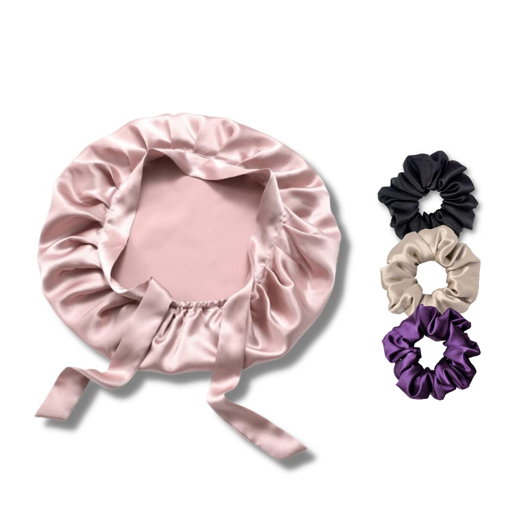 Silk Hair Bonnet With 3 Premium Scrunchies | Sleeping Cap for Curly Hair | Night Cap for Women (Pink, Standard Size)