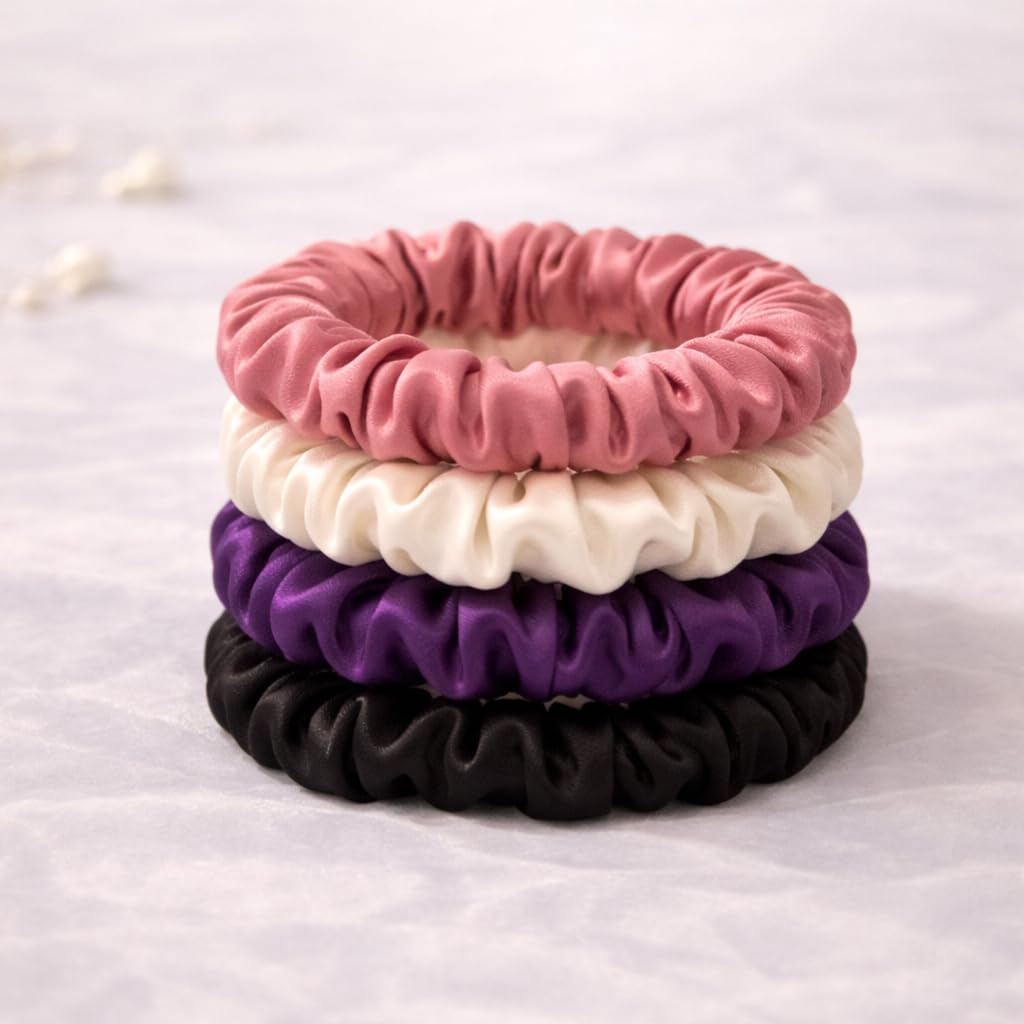 Premium Skinny Scrunchies for Women, Satin Hair Ties, No-Damage, Soft Elastic Strong Hold, 4 Pack (Silk Touch Collection)