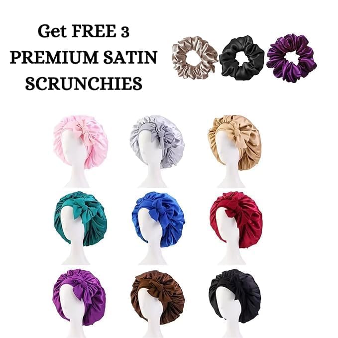 Silk Bonnet for Hair with 3 Scrunchies| Adjustable Satin Hair Cap for Sleeping | Bonnet for Curly Hair with Wide Tie Band| Multiple use| Shower Cap| (purple)