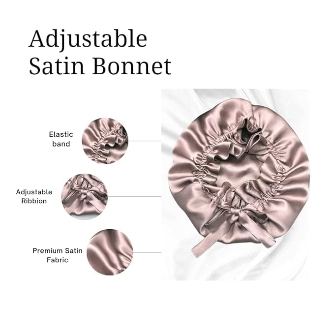 Women's Satin Silk Bonnet for Hair 2 Satin Pillowcase 3 Premium Scrunchies, Adjustable Silk Cap Bonnet for Curly Hair with Ribbon Tie Band, Satin Hair Wrap