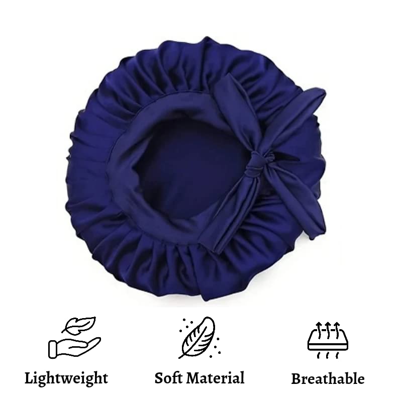 Atrube's Silk Satin Hair Bonnet Reversible with adjustable tie for women with Scrunchies(Blue)
