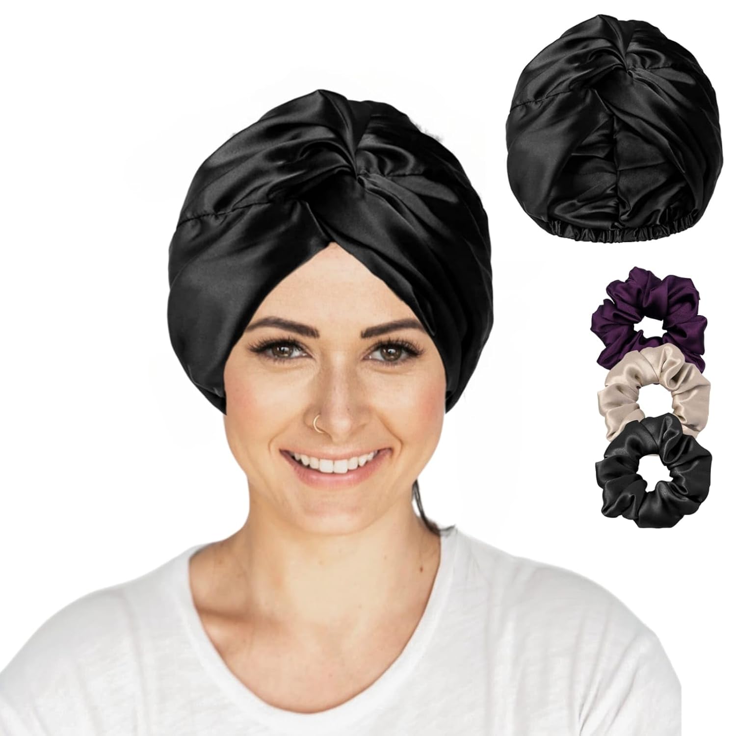 Silk Satin Hair Bonnet Reversible Sleep Cap with Adjustable tie Band for Sleeping Hair Cover for Women with Scrunchies Head Circumference: 21"~23"