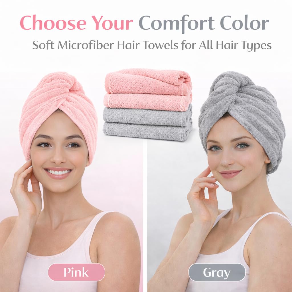 Microfiber Hair Towel Wrap with Satin Scrunchies, Quick Dry Hair Turban, Grey and Pink, Anti Frizz Super Absorbent (Pink)
