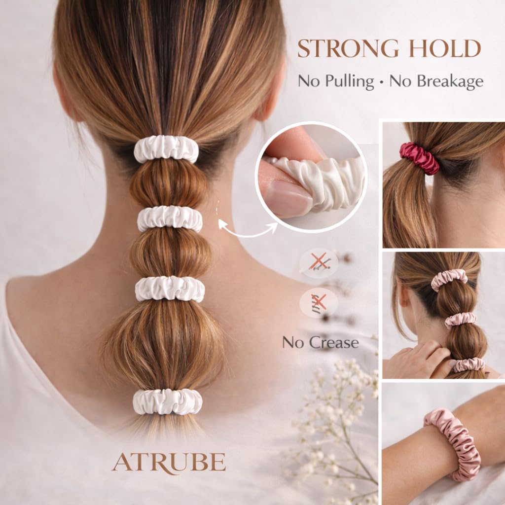 Premium Skinny Scrunchies for Women, Satin Hair Ties, No-Damage, Soft Elastic Strong Hold, 6 Pack (Ultimate Neutrals)