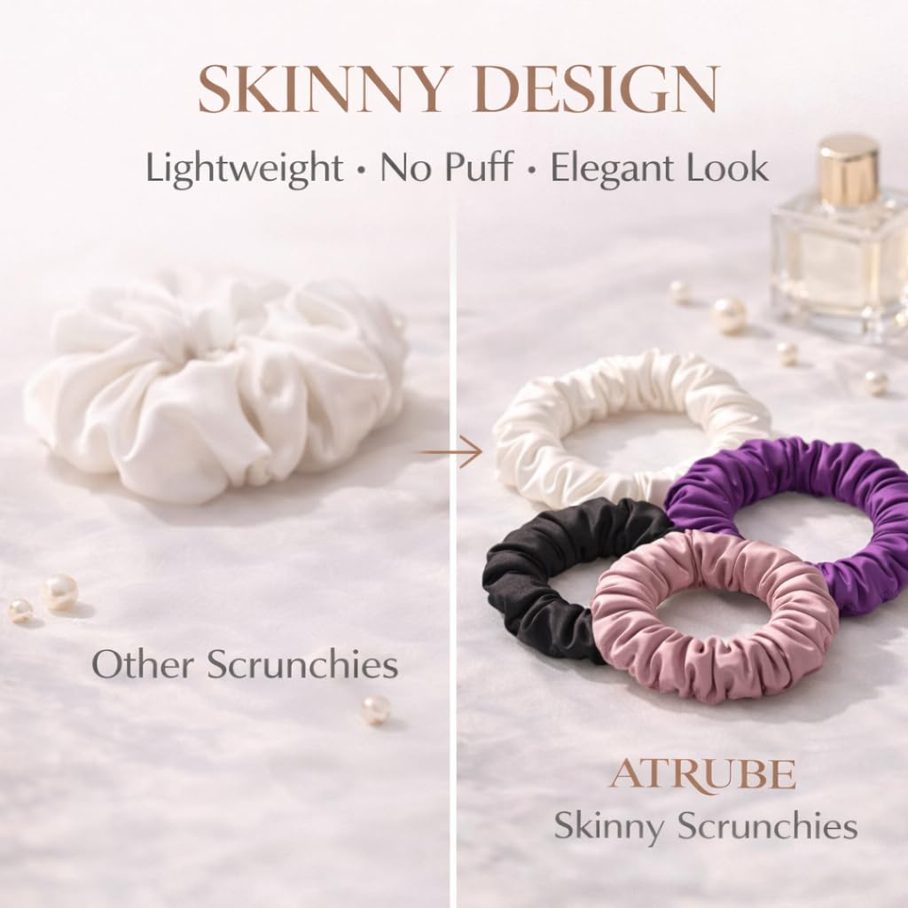 Premium Skinny Scrunchies for Women, Satin Hair Ties, No-Damage, Soft Elastic Strong Hold, 6 Pack (Ultimate Neutrals)