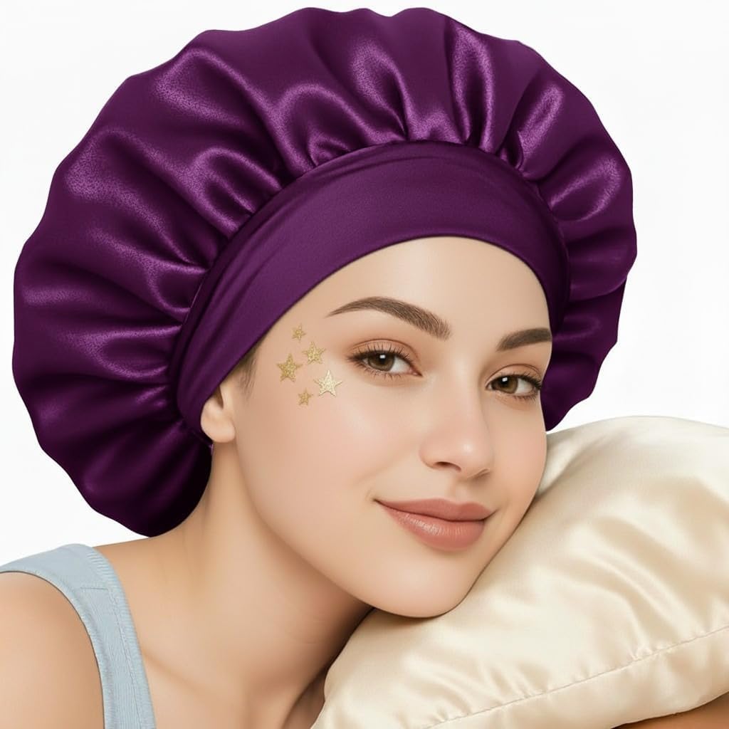 Silk Bonnet for Hair with 3 Scrunchies| Adjustable Satin Hair Cap for Sleeping | Bonnet for Curly Hair with Wide Tie Band| Multiple use| Shower Cap| (purple)