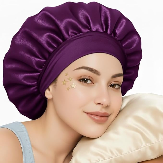 Silk Bonnet for Hair with 3 Scrunchies with Wide Elastic Tie Band(Sapphire Silk)