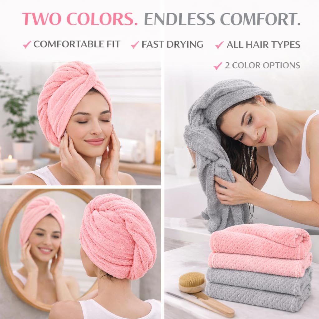 Microfiber Hair Towel Wrap with Satin Scrunchies, Quick Dry Hair Turban, Grey and Pink, Anti Frizz Super Absorbent (Pink)