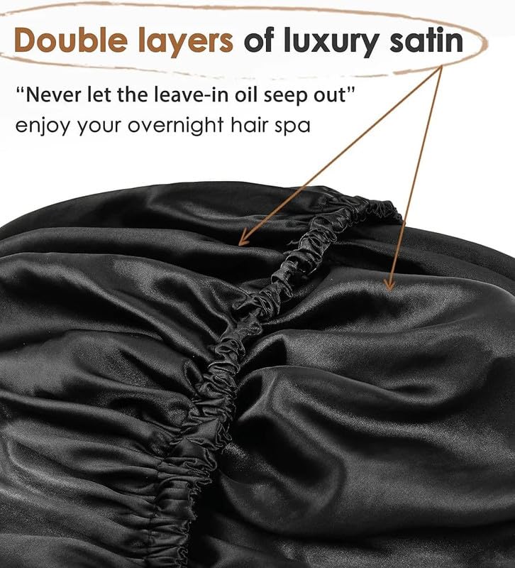 Silk Bonnet for Hair, Adjustable Silk Hair Cap for Sleeping (Black)