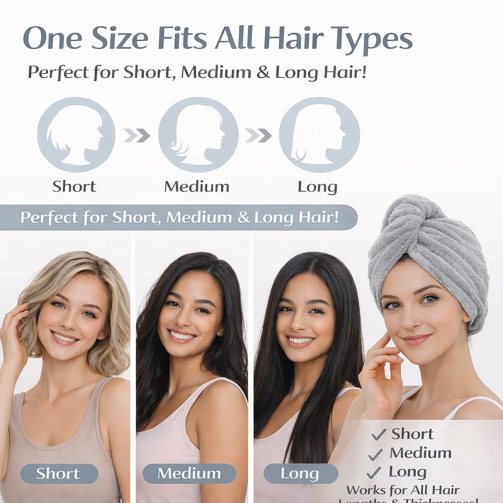 Microfiber Hair Towel Wrap with Satin Scrunchies, Quick Dry Hair Turban, Grey and Pink, Anti Frizz Super Absorbent (Pink)