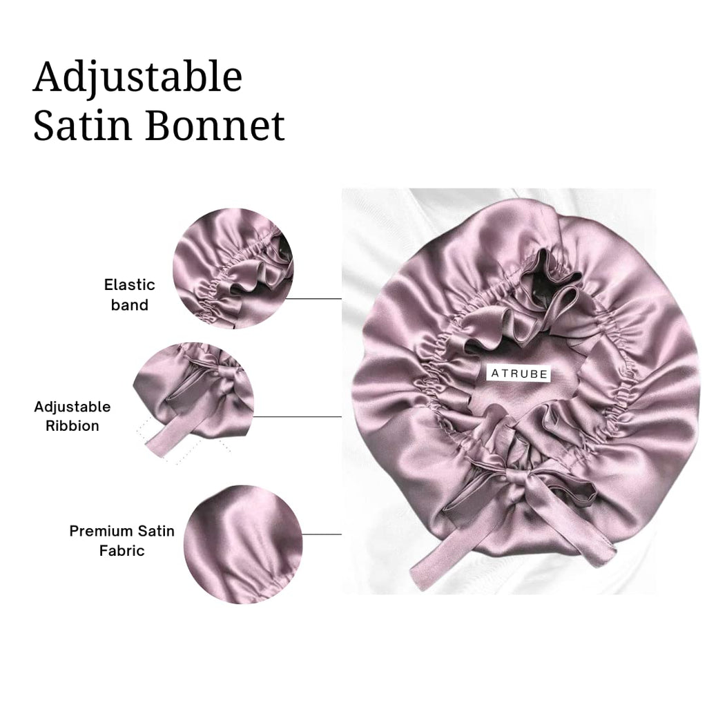 Silk Satin Hair Bonnet Reversible Adjustable tie Band Reusable showercap Satin bonnet Wrap Silk Bonnet Hair with Hair Scalp Massager Shampoo Brush and scrunchies (Rose Taupe)