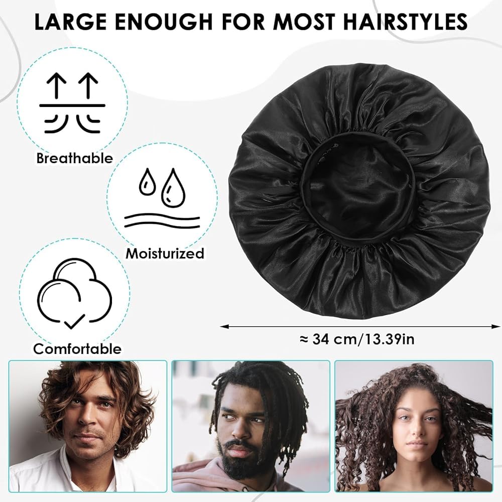 Silk Bonnet for Hair, Adjustable Silk Hair Cap for Sleeping (Black)