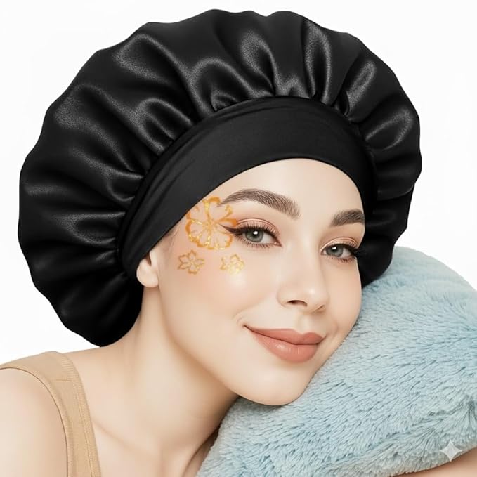 Silk Bonnet for Hair with 3 Scrunchies| Adjustable Satin Hair Cap for Sleeping | Bonnet for Curly Hair with Wide Tie Band| Multiple use| Shower Cap| (purple)