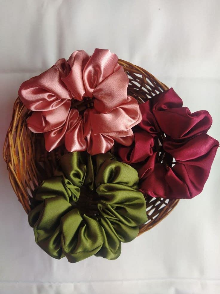 Atrube's Silk Satin Scrunchies Pack of 3 Multicolor Silk Scrunchy Set for Hairs