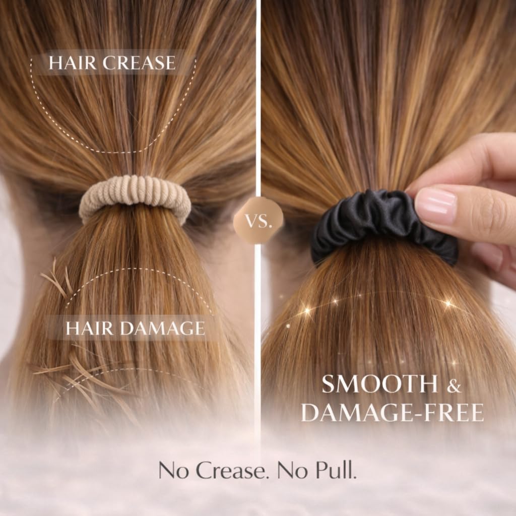 Premium Skinny Scrunchies for Women, Satin Hair Ties, No-Damage, Soft Elastic Strong Hold, 6 Pack (Ultimate Neutrals)