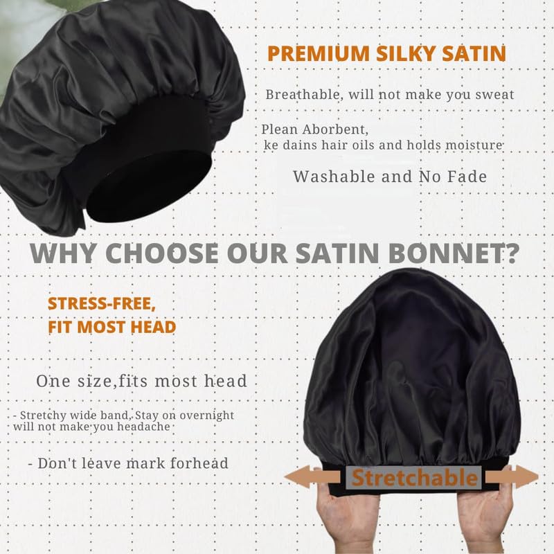 Silk Bonnet for Hair, Adjustable Silk Hair Cap for Sleeping (Black)