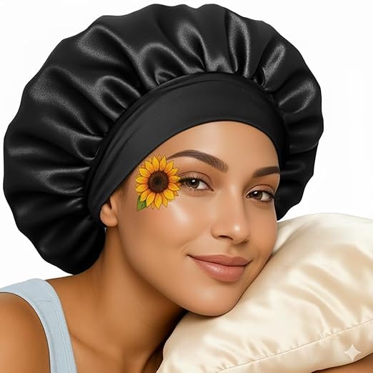 Silk Bonnet for Hair with 3 Scrunchies with Wide Elastic Tie Band(Sapphire Silk)