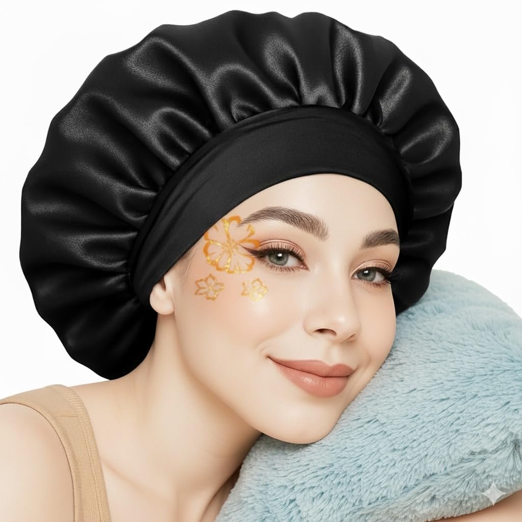 Silk Bonnet for Hair with 3 Scrunchies, Adjustable Silk Hair Cap for Sleeping