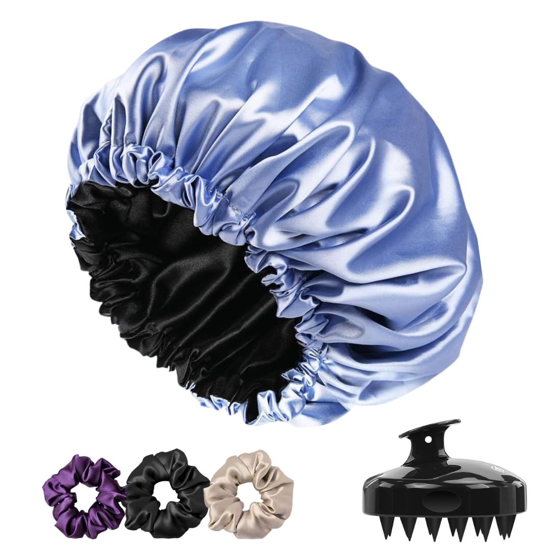 Satin Silk Bonnet for Hair with Hair Scalp Massager Brush with 3 Satin Scrunchies, Satin Bonnet for Curly Hair, Reversible Cap Sleeping, Adjustable, Satin Hair Wrap (Blue)