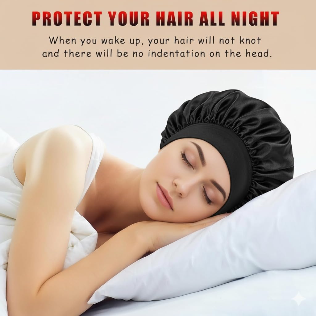 Silk Bonnet for Hair with 3 Scrunchies, Adjustable Silk Hair Cap for Sleeping