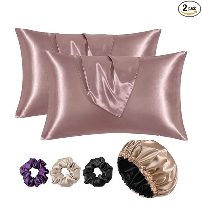 Atrube's Satin Bonnet for Curly Hair | Silk Bonnet for Hair | Combo of Pack of 2 Satin Pillowcases with 3 Silk Scrunchies Adjustable HairCap