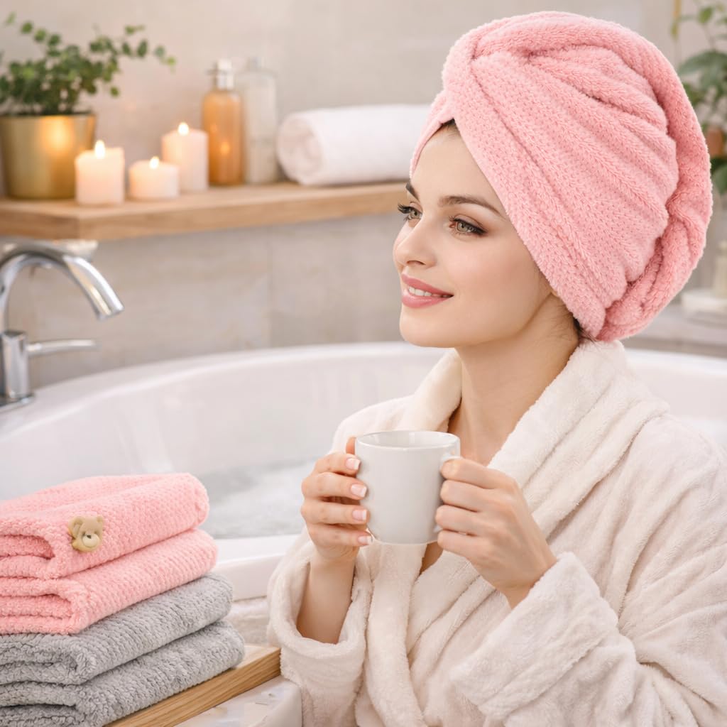 Microfiber Hair Towel Wrap with Satin Scrunchies, Quick Dry Hair Turban, Grey and Pink, Anti Frizz Super Absorbent (Pink)