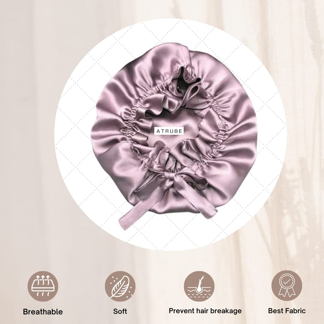 Silk Satin Hair Bonnet Reversible Adjustable tie Band Reusable showercap Satin bonnet Wrap Silk Bonnet Hair with Hair Scalp Massager Shampoo Brush and scrunchies (Rose Taupe)