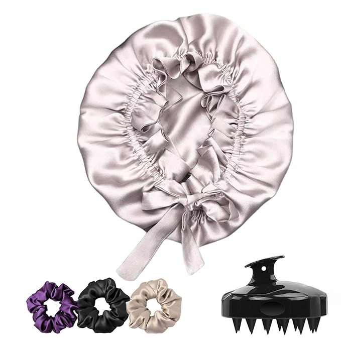 Silk Satin Hair Bonnet Reversible Adjustable tie Band Reusable showercap Satin bonnet Wrap Silk Bonnet Hair with Hair Scalp Massager Shampoo Brush and scrunchies (Rose Taupe)