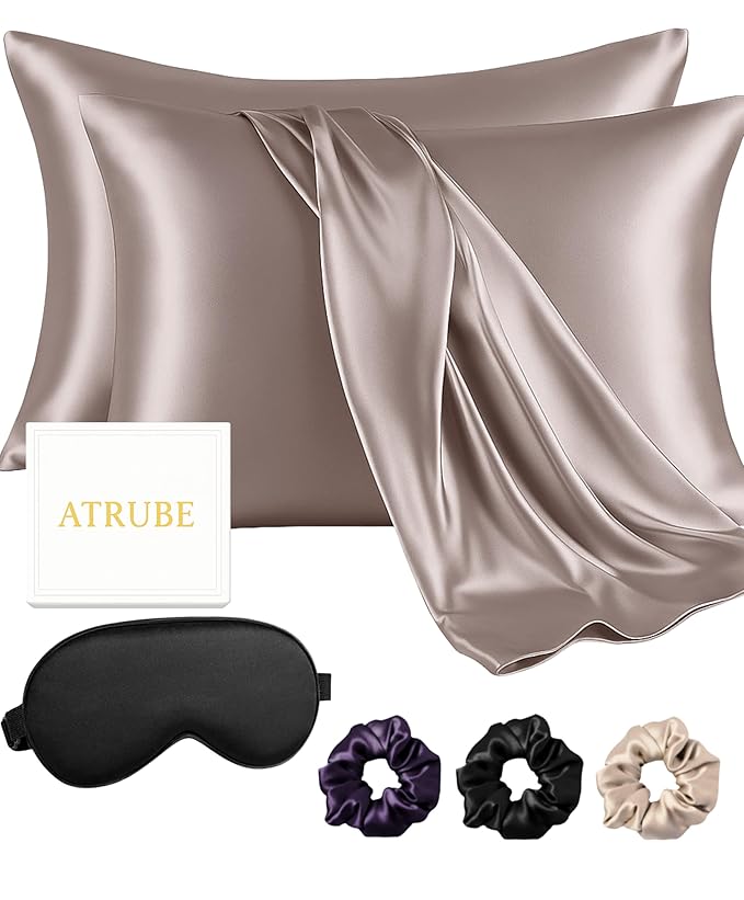 Atrube's Satin Pillow Covers for Hair and Skin| Pillowcase 2 Pack with 3 Silk Scrunchies| Envelope Closure (Rose Taupe)