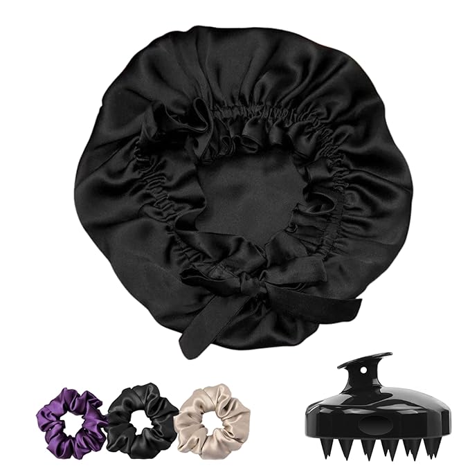 Silk Satin Hair Bonnet Reversible Adjustable tie Band Reusable showercap Satin bonnet Wrap Silk Bonnet Hair with Hair Scalp Massager Shampoo Brush and scrunchies (Rose Taupe)