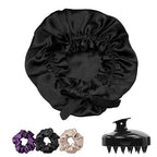 Silk Satin Hair Bonnet Reversible Adjustable tie Band Reusable showercap Satin bonnet Wrap Silk Bonnet Hair with Hair Scalp Massager Shampoo Brush and scrunchies (Rose Taupe)