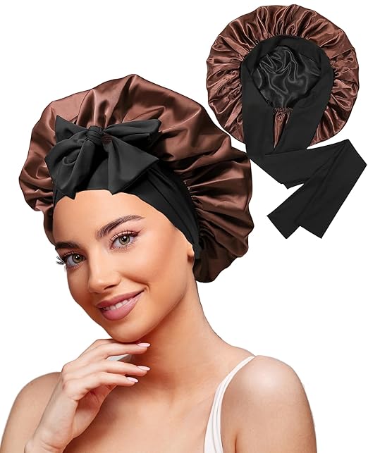 Silk Bonnet for Hair with 3 Scrunchies with Wide Elastic Tie Band(Sapphire Silk)