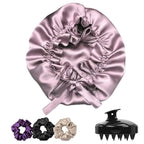 Silk Satin Hair Bonnet Reversible Adjustable tie Band Reusable showercap Satin bonnet Wrap Silk Bonnet Hair with Hair Scalp Massager Shampoo Brush and scrunchies (Rose Taupe)