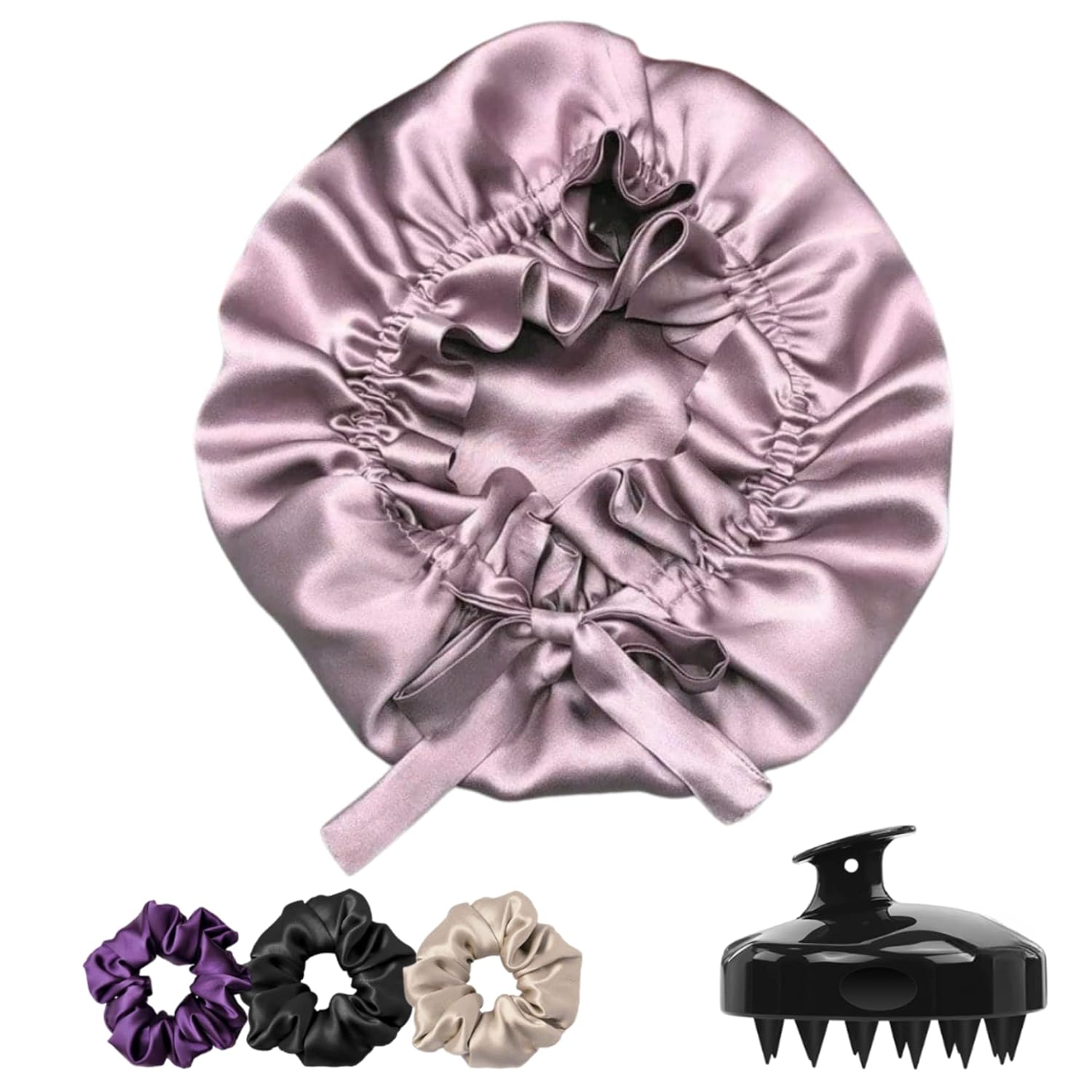 Silk Satin Hair Bonnet Reversible Adjustable tie Band Reusable showercap Satin bonnet Wrap Silk Bonnet Hair with Hair Scalp Massager Shampoo Brush and scrunchies (Rose Taupe)