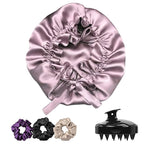Silk Satin Hair Bonnet Reversible Adjustable tie Band Reusable showercap Satin bonnet Wrap Silk Bonnet Hair with Hair Scalp Massager Shampoo Brush and scrunchies (Rose Taupe)
