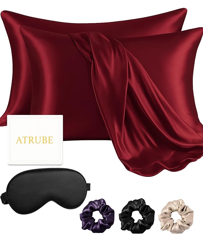 Atrube's Satin Pillow Covers for Hair and Skin| Pillowcase 2 Pack with 3 Silk Scrunchies| Envelope Closure (Rose Taupe)