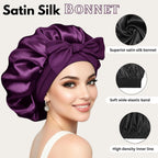 Silk Bonnet for Hair with 3 Scrunchies| Adjustable Satin Hair Cap for Sleeping | Bonnet for Curly Hair with Wide Tie Band| Multiple use| Shower Cap| (purple)