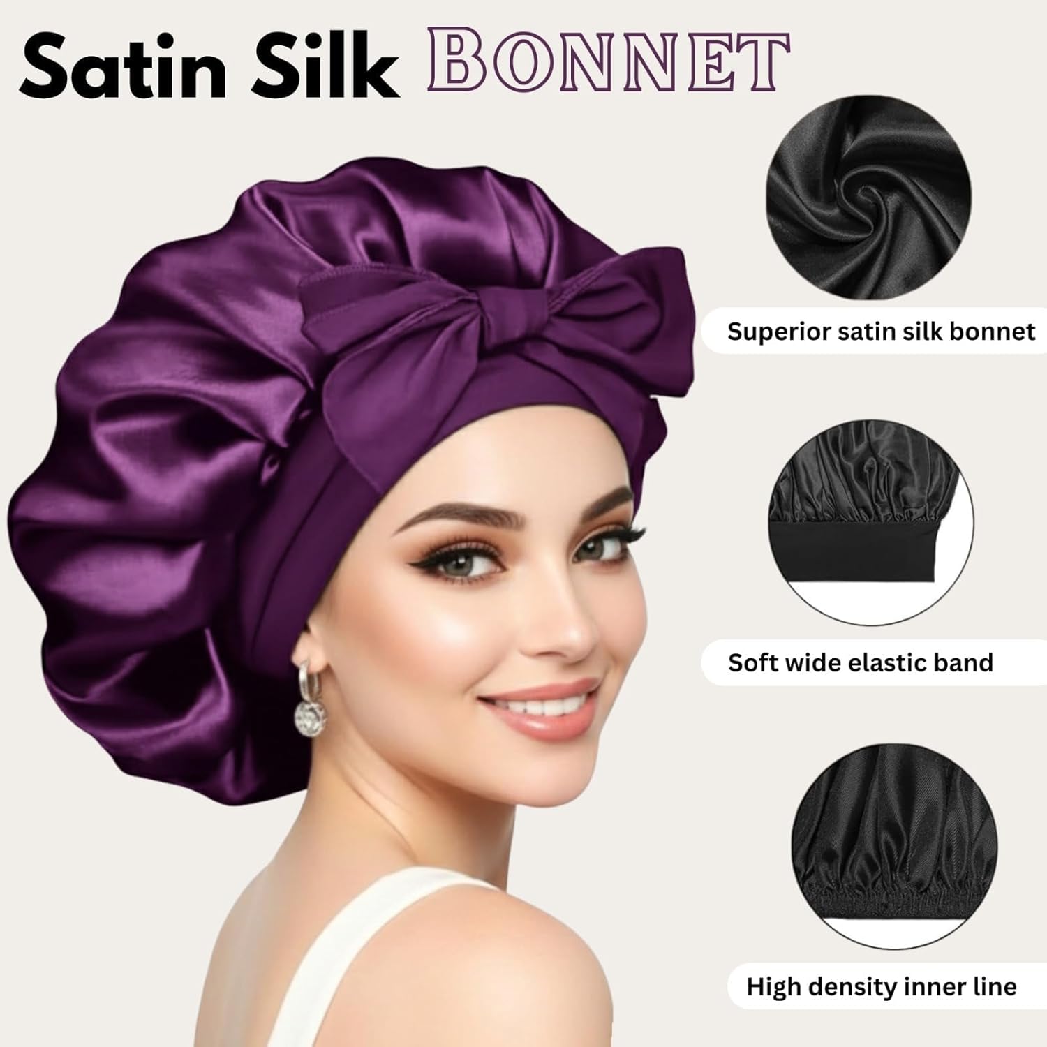 Silk Bonnet for Hair with 3 Scrunchies| Adjustable Satin Hair Cap for Sleeping | Bonnet for Curly Hair with Wide Tie Band| Multiple use| Shower Cap| (purple)