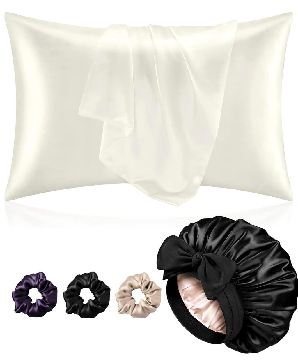 Atrube's Satin Bonnet for Curly Hair | Silk Bonnet for Hair | Combo of Pack of 2 Satin Pillowcases with 3 Silk Scrunchies Adjustable HairCap