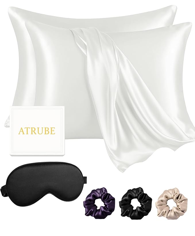 Atrube's Satin Pillow Covers for Hair and Skin| Pillowcase 2 Pack with 3 Silk Scrunchies| Envelope Closure (Rose Taupe)
