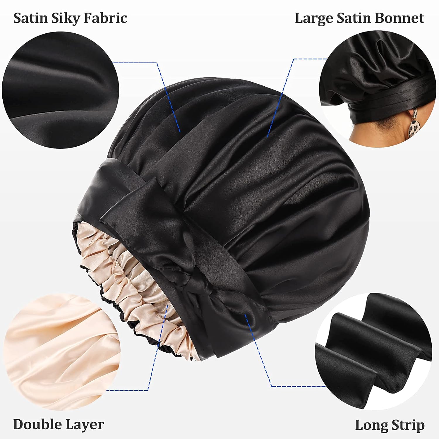 Silk Satin Hair Bonnet Reversible Adjustable Sleep Hair Care Cap,Free Size