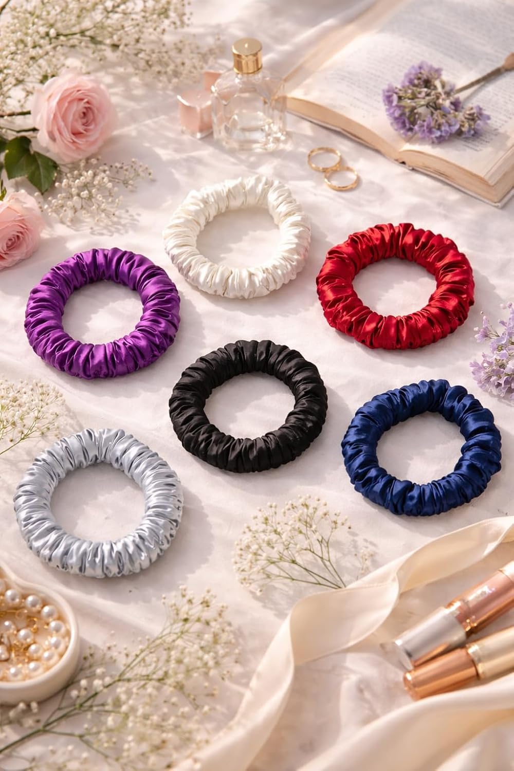 Premium Skinny Scrunchies for Women, Satin Hair Ties, No-Damage, Soft Elastic Strong Hold, 6 Pack (Ultimate Neutrals)