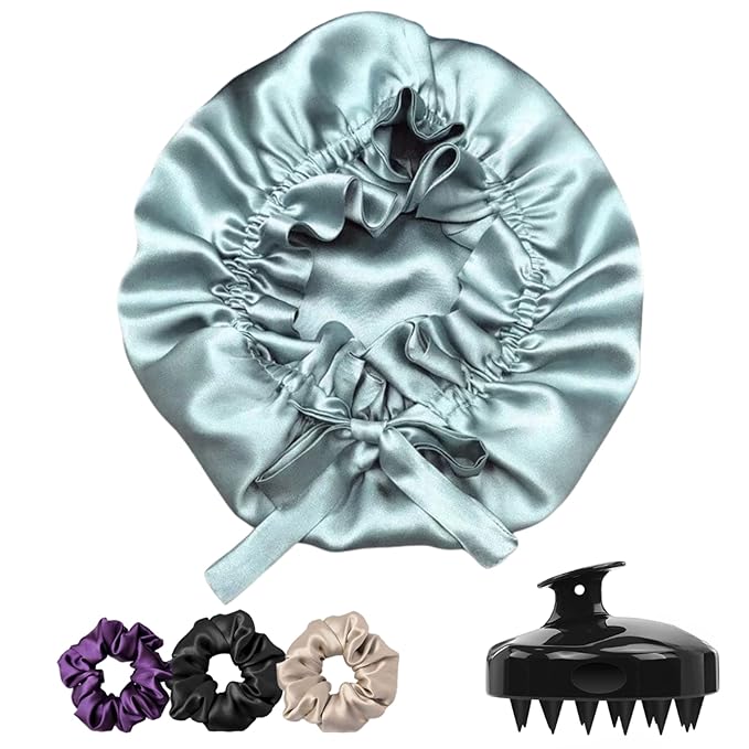 Silk Satin Hair Bonnet Reversible Adjustable tie Band Reusable showercap Satin bonnet Wrap Silk Bonnet Hair with Hair Scalp Massager Shampoo Brush and scrunchies (Rose Taupe)