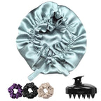 Silk Satin Hair Bonnet Reversible Adjustable tie Band Reusable showercap Satin bonnet Wrap Silk Bonnet Hair with Hair Scalp Massager Shampoo Brush and scrunchies (Rose Taupe)