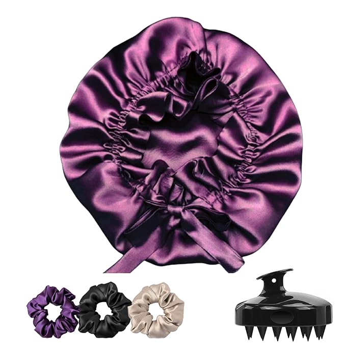 Silk Satin Hair Bonnet Reversible Adjustable tie Band Reusable showercap Satin bonnet Wrap Silk Bonnet Hair with Hair Scalp Massager Shampoo Brush and scrunchies (Rose Taupe)