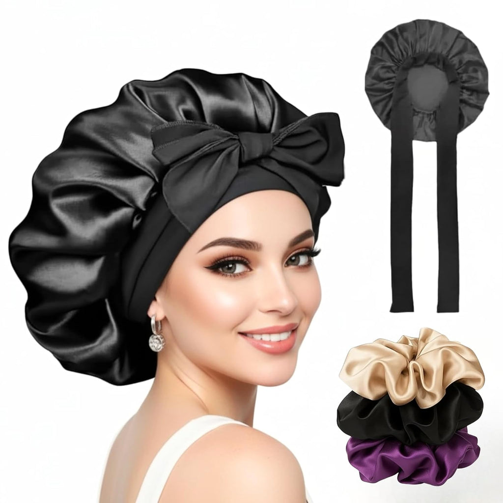 Silk Bonnet for Hair with 3 Scrunchies| Adjustable Satin Hair Cap for Sleeping | Bonnet for Curly Hair with Wide Tie Band| Multiple use| Shower Cap| (purple)