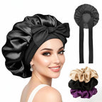 Silk Bonnet for Hair with 3 Scrunchies| Adjustable Satin Hair Cap for Sleeping | Bonnet for Curly Hair with Wide Tie Band| Multiple use| Shower Cap| (purple)